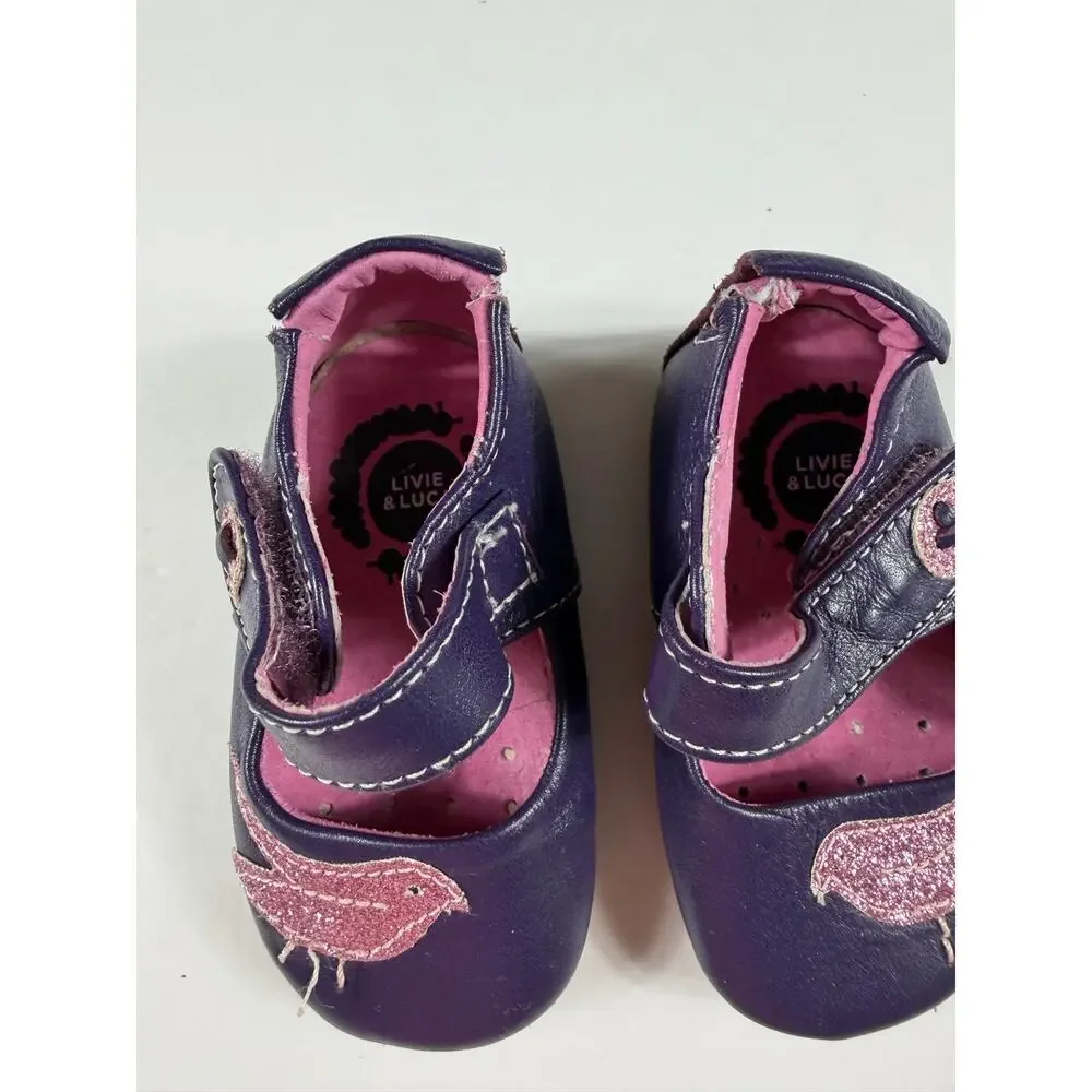 Livie & Luca Pio Pio Purple Pink Glitter Bird Leather Mary Jane Shoes 0–6 Months
